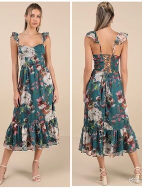 Lulus Large Jenneth Teal Floral Ruffled Midi Dress NWT *FLAWED* Summer Party